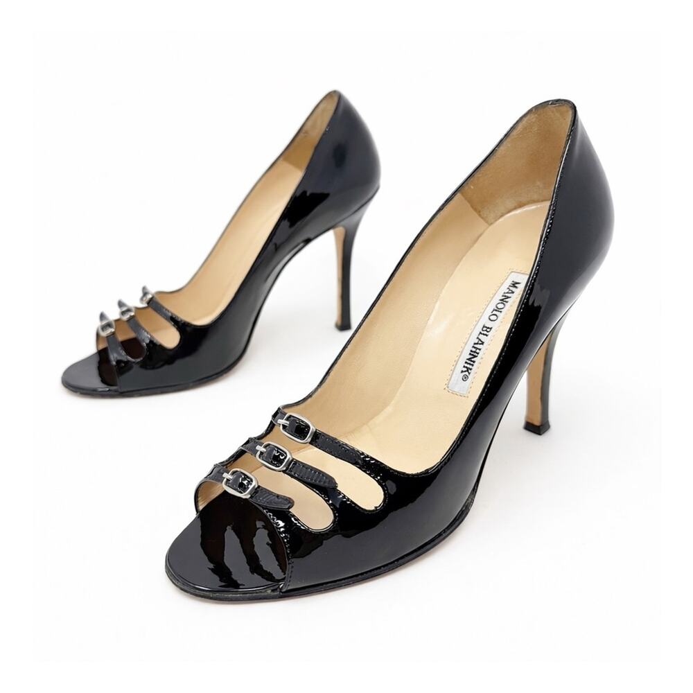 Manolo Blahnik Patent Leather Buckle Peep Toe Heels Womens Size EU 38.5